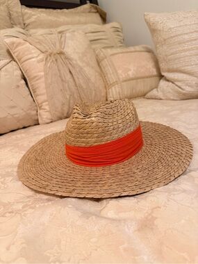 Wide-Brim Straw Sun Hat with Red Band